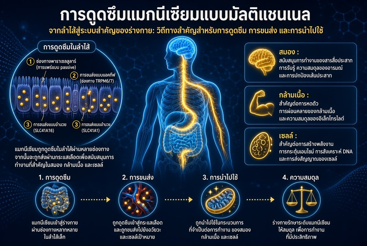 การดูดซึมของแมกนีเซียม การขนส่ง และการนำไปใช้